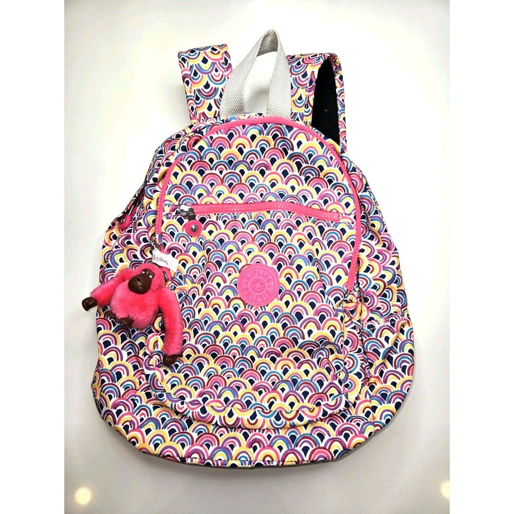Kipling Rainbow Print Backpack Pink Multicolor Sc… - image 1